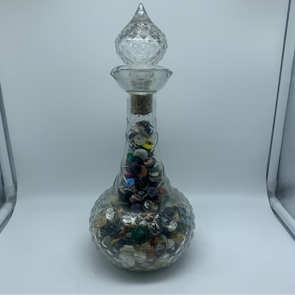 Other - Decorative Clear Glass Decanter 12” Tall 3” Across Filled With Vintage Buttons